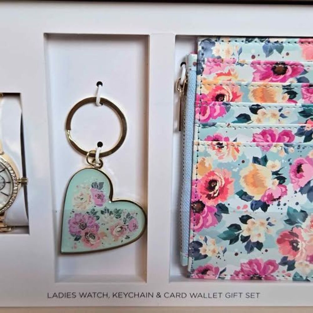 Ladies Gold Tone Watch Keychain & Floral Card Wallet Gift Set New Tested Read